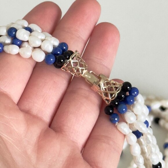 Vintage 14k Yellow Gold Pearl 6 Row Multi Strand Onyx Lapis Statement Necklace - Picture 14 of 14